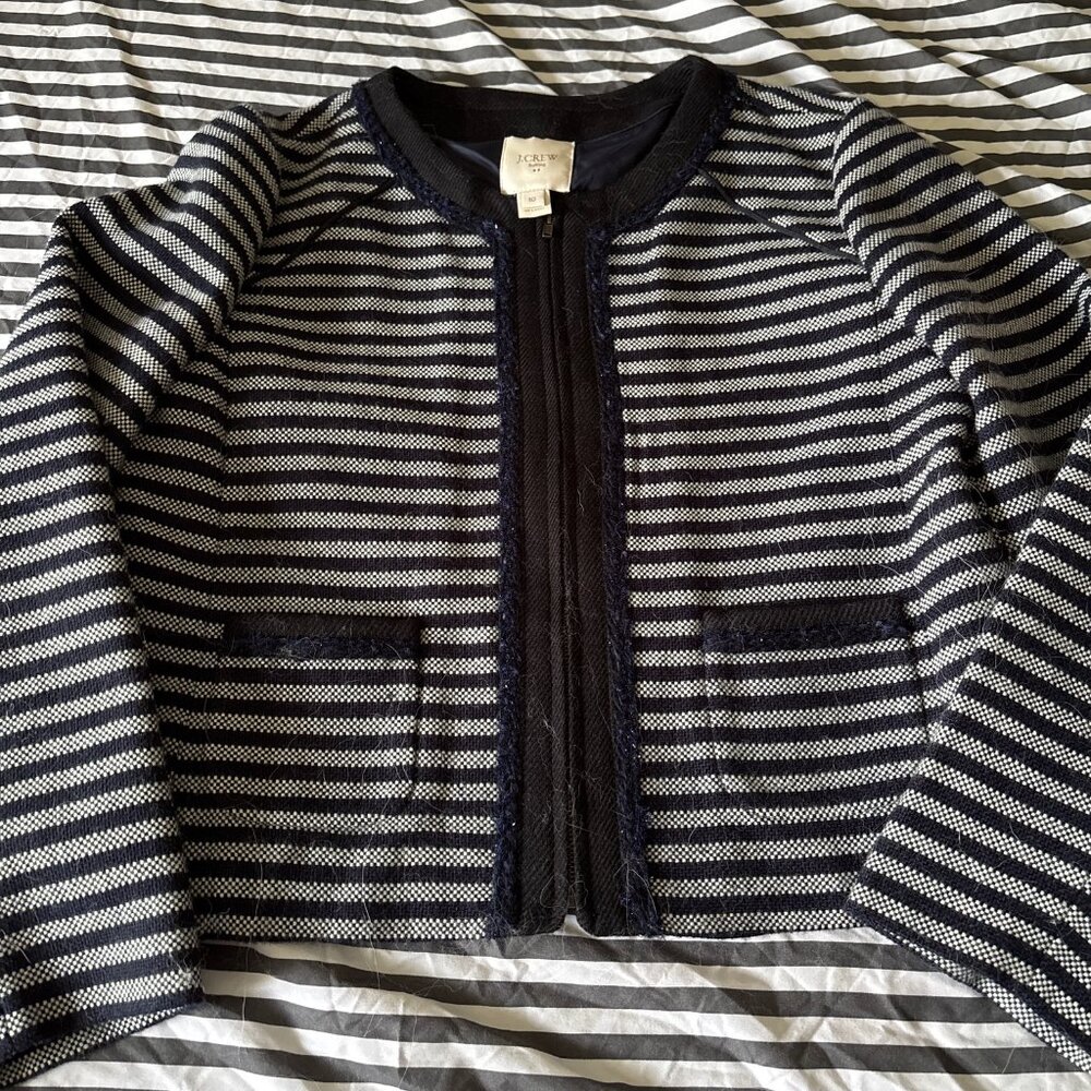 J.Crew Suiting Lined Tweed Jacket Navy and White Stripe